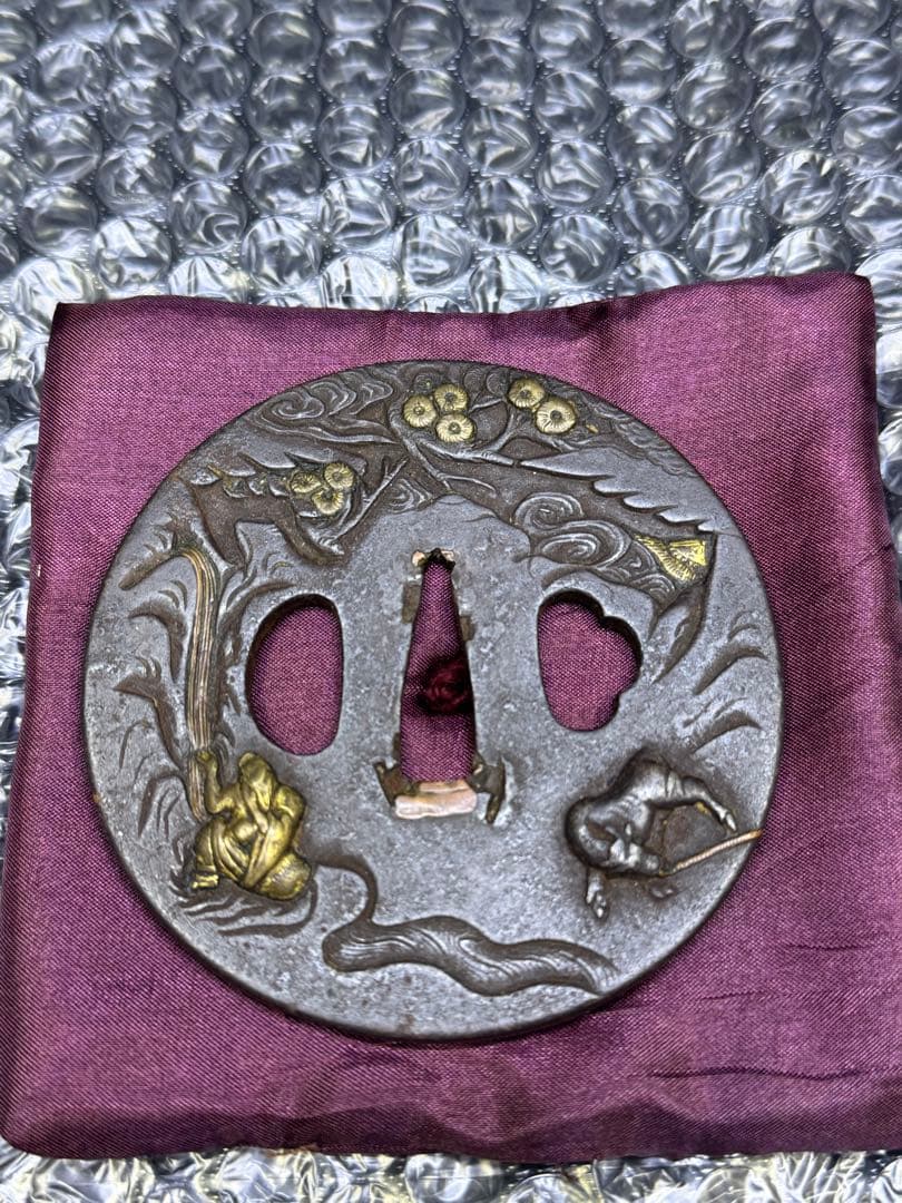 無銘　　金工金象嵌松下　牛引き　山水図鍔　透かし鐔　刀鐔　鍔