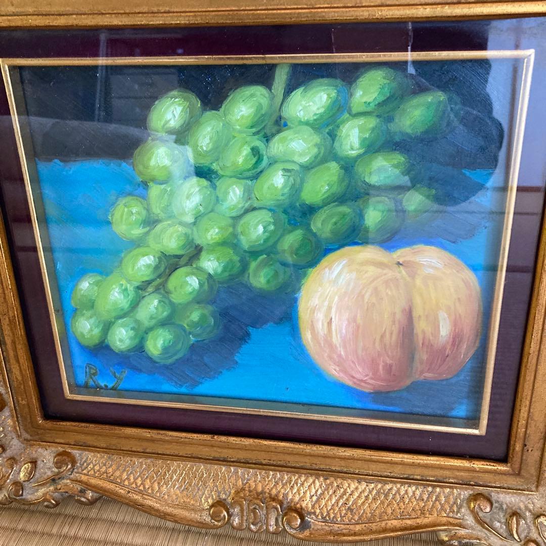 フルーツ 果物 油彩画 油絵　ガラス入額 アンティーク　骨董