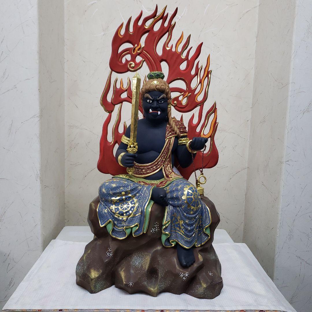 Ｂフライデー蔵出し特価希少台座極彩色錐金 不動明王半跏像7寸楠材高さ：約57cm