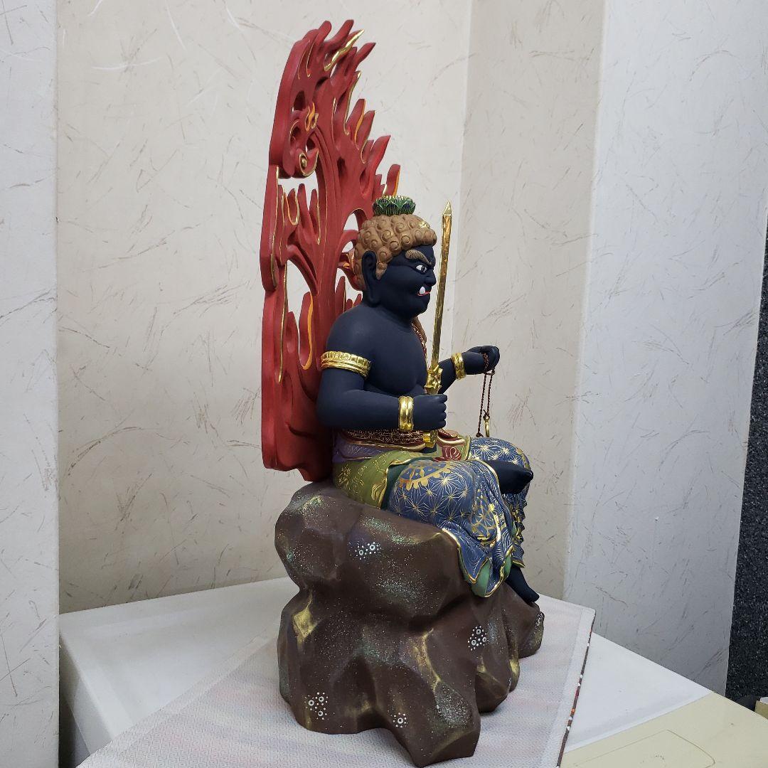 Ｂフライデー蔵出し特価希少台座極彩色錐金 不動明王半跏像7寸楠材高さ：約57cm
