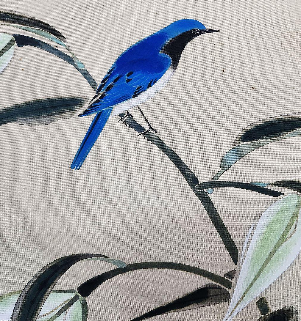 【百合に小禽図】朝井観波 2642 掛け軸　肉筆