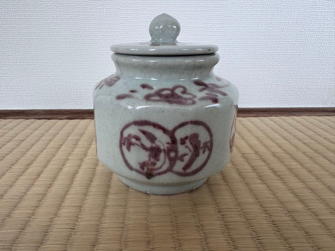 朝鮮古美術 李朝 白磁辰 高10.6cm 面取壷 白釉釉里紅花卉寿字 朝鮮古陶