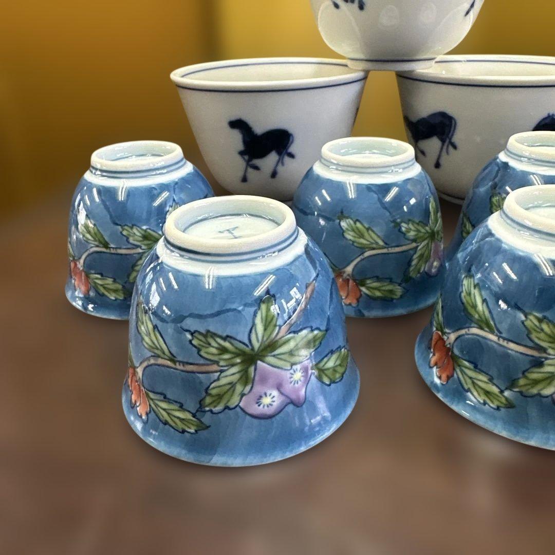 平安，京焼，有田焼，清水焼，茶道具セット 青色花柄 急須 茶碗 湯呑み