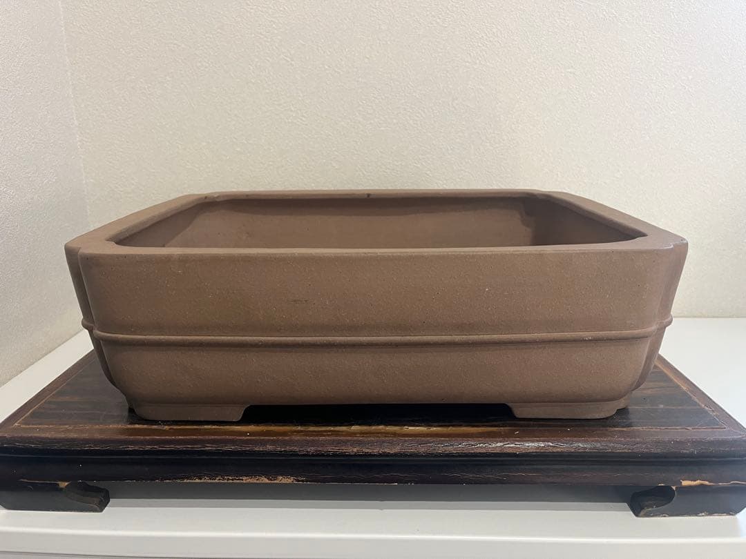 人気常滑作家 松泉焼 山秋造「松泉紫泥切立隅入中帯切足長方鉢」実用性抜群 盆栽鉢