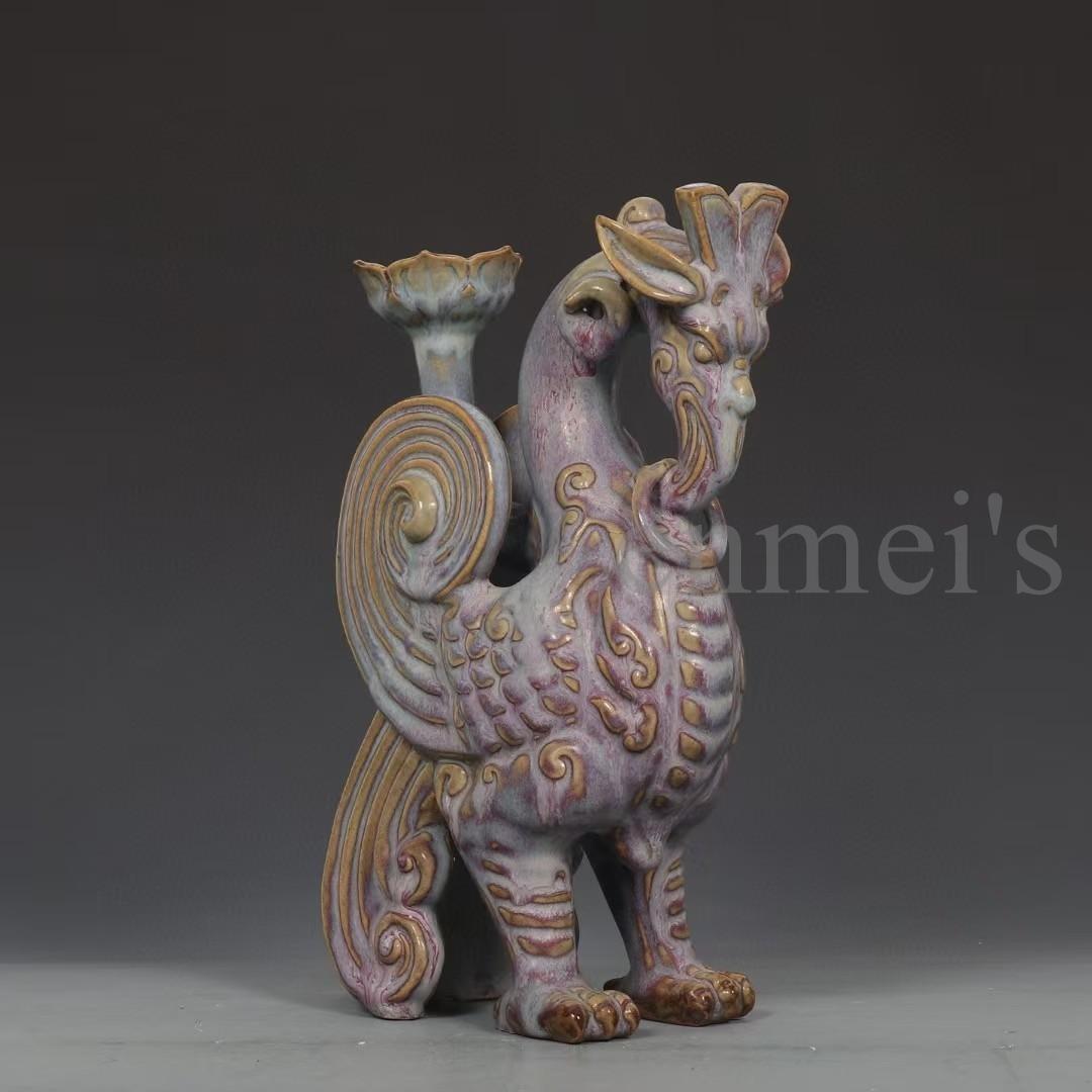 中国古美術・旧藏宋钧窑款羊形烛台・玫瑰紫釉・文房具・木箱付・案頭・置物・聚財置物