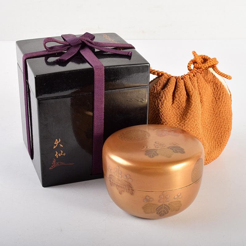 茶道加賀蒔絵師　野村大仙作　金地高台寺蒔絵　平棗　仕覆付　共箱　D　R4985