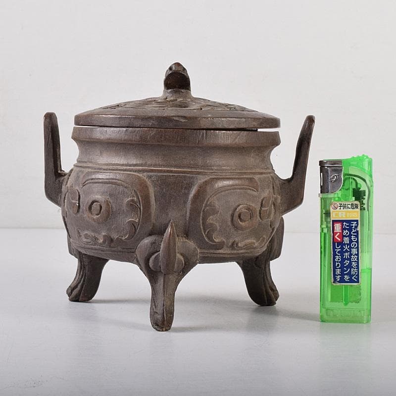 中国　古竹彫刻　獣摘饕餮文　香炉　鼎　V　R8107