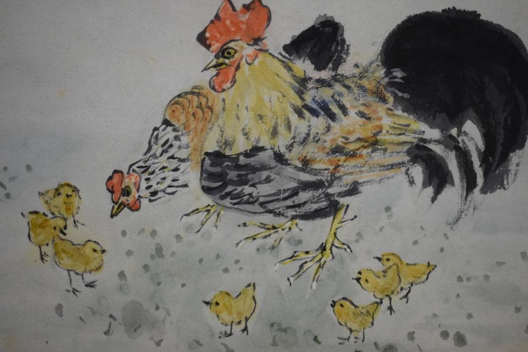真作/小川千甕/鶏図/双鶏ひよこ図/花鳥図/布袋屋掛軸HJ-154
