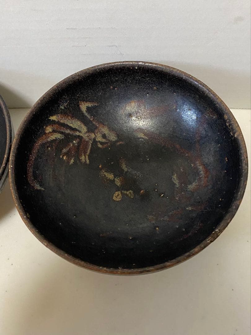 古美術 南宋吉州窯黑釉色彩繪雙鳳紋盞古玩 骨董