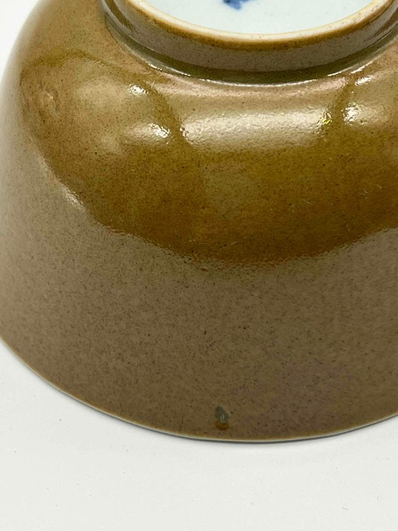 清光緒時代 紫金釉青花草虫文杯 压手杯 茶道具　茶杯 盃 煎茶碗(F-74)