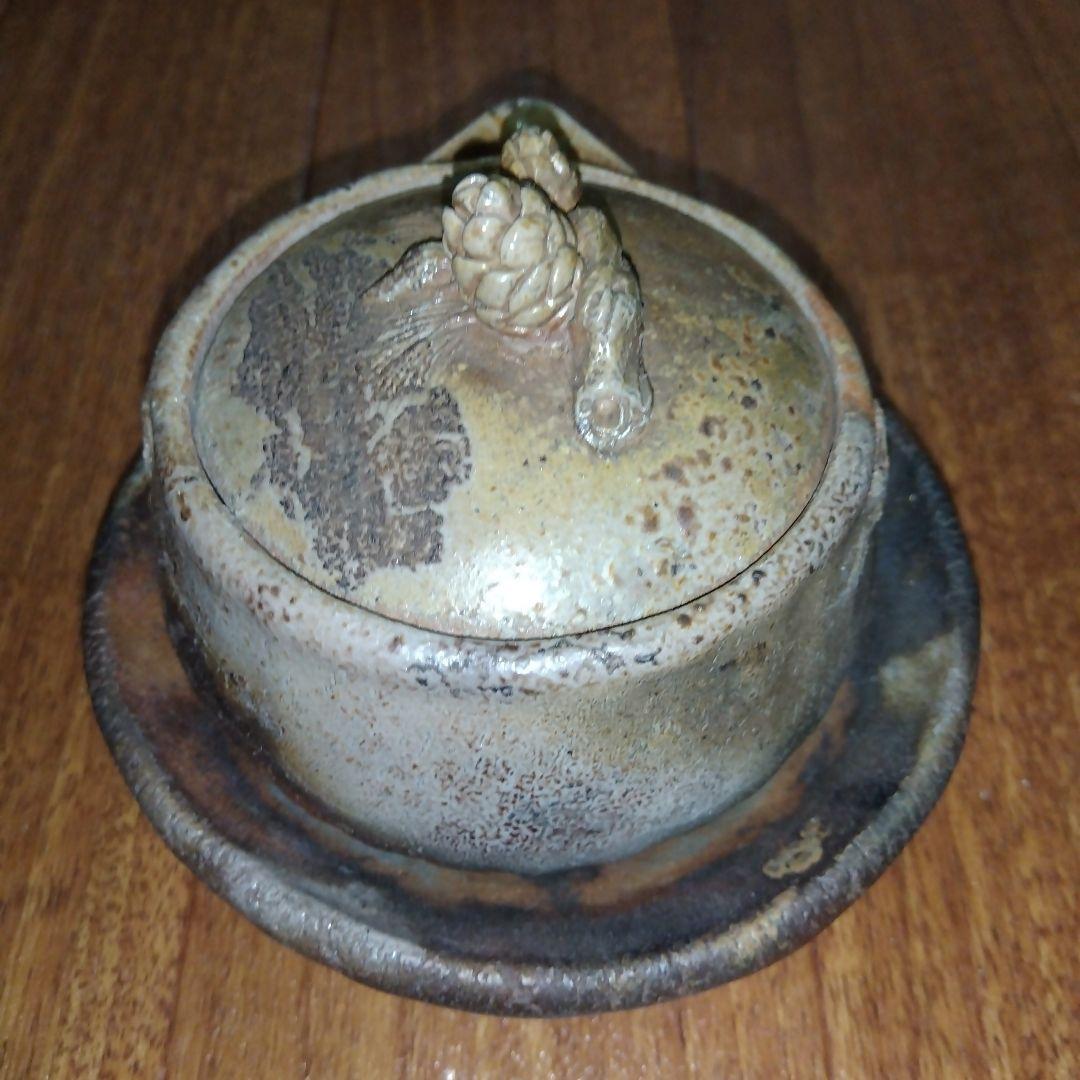 【レア】宝瓶 木村春芳作 備前焼 陶器製急須 松ぼっくり 茶托付き 宝瓶台付き