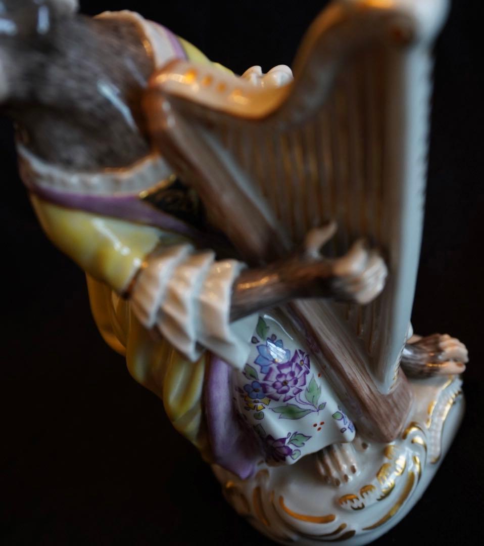 【美品】マイセン 猿の楽団 ハープ イエロー/パープルドレス 1級品