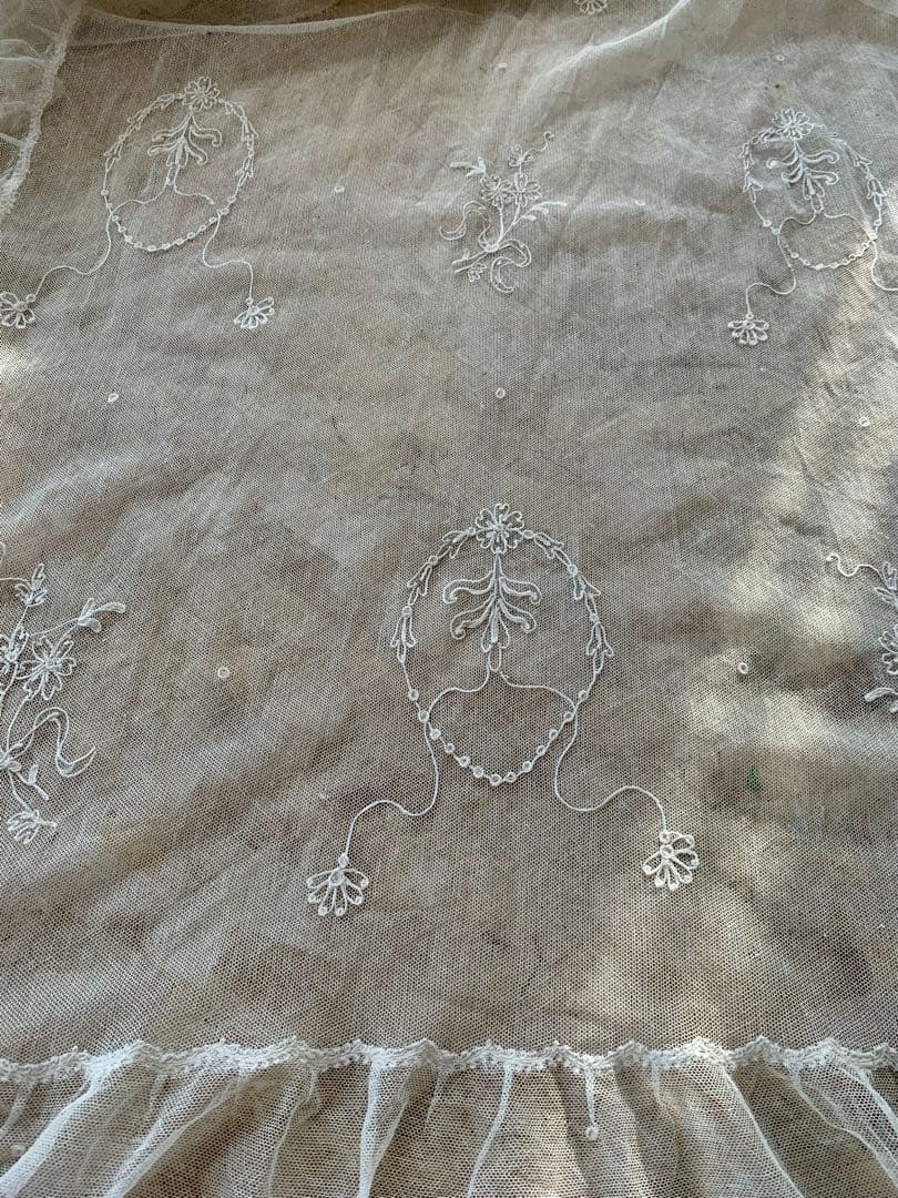 フランスアンティークコーネリー刺繍チュールレースロングカーテン※古色ホワイト