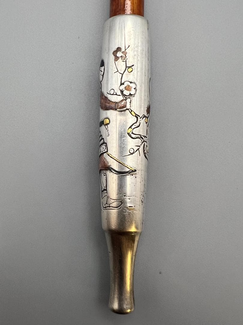 eee”即購入ok 銀煙管　武士梅図　金赤銅象嵌　キセル　銀細工　アンティ