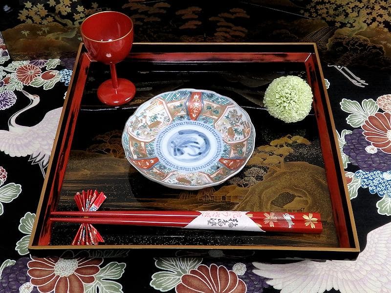 古伊万里　金襴手　鶴に松竹梅の図　４寸皿　２枚　E355AS-CBq