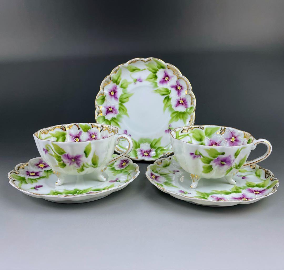 【美品】オールドノリタケ パンジー紋 ティーカップ２組 ビオラ 三つ脚 猫足