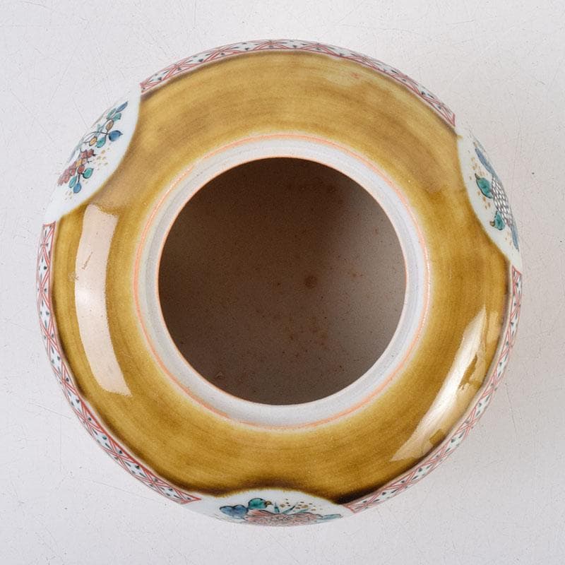 九谷焼　秋塘陶園　中村翠恒作　色絵　丸花文　透かし蓋　香炉　共箱　C　R9250