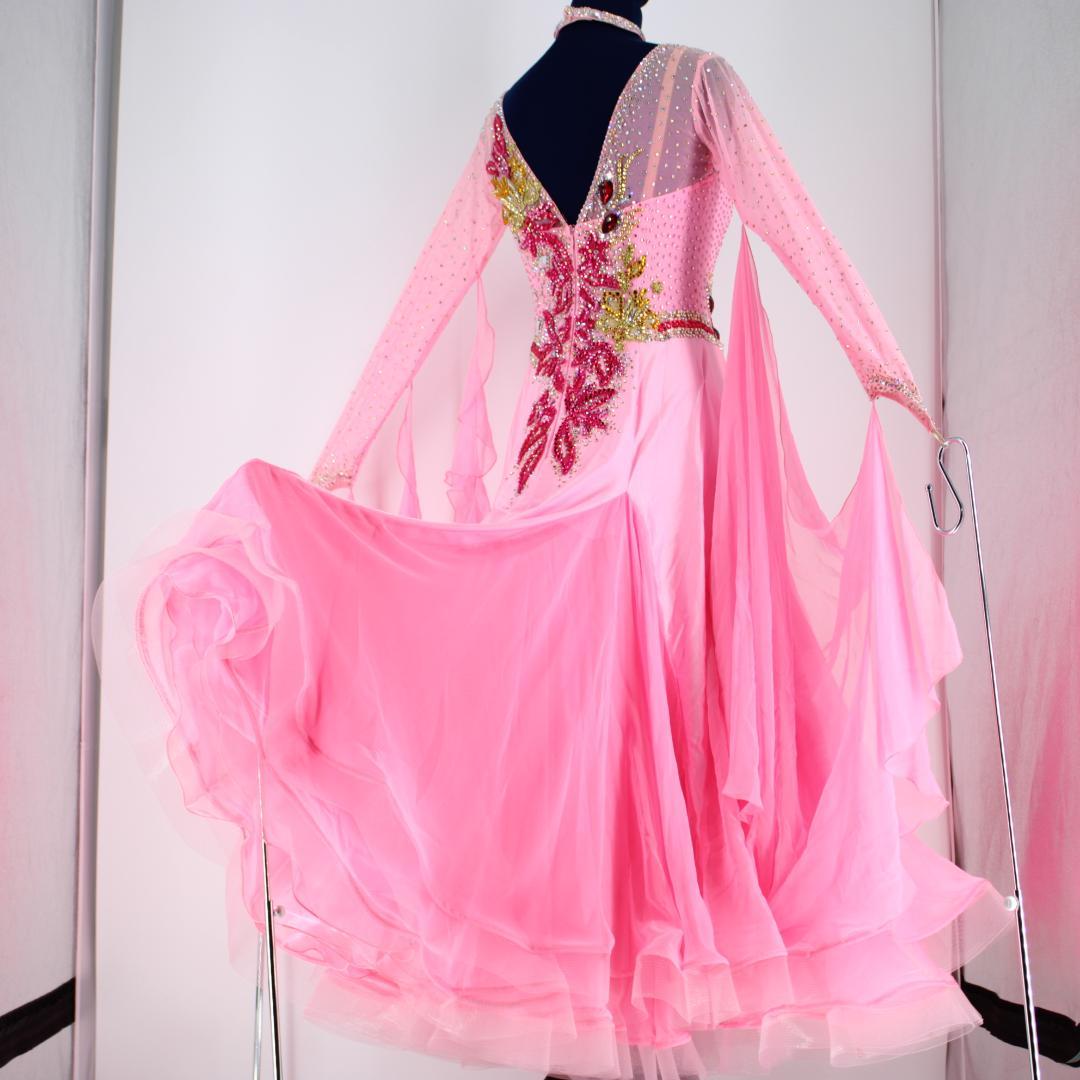 【美品 社交ダンス衣装】ピンク ワンピース ドレス ラインストーン チョーカー