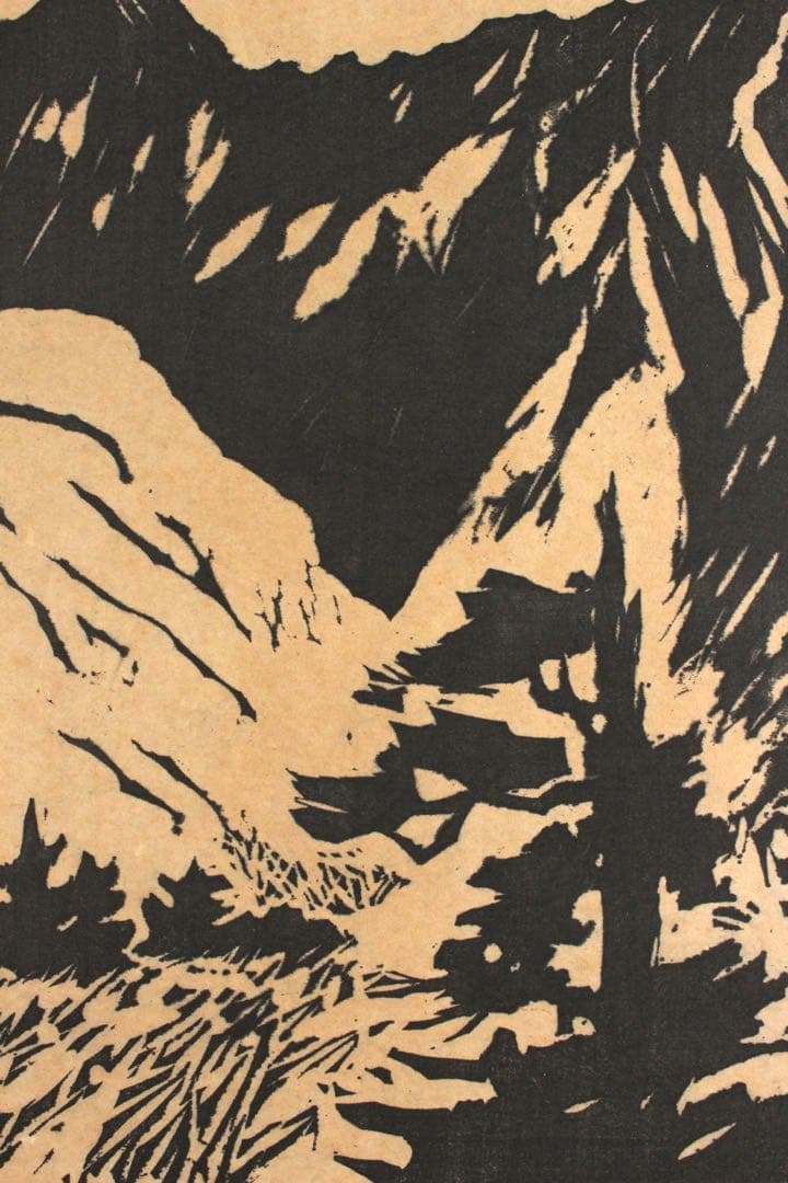 No4652 額装　長谷川富三郎　(無弟) 木版画　大山　直筆サイン　送料無料