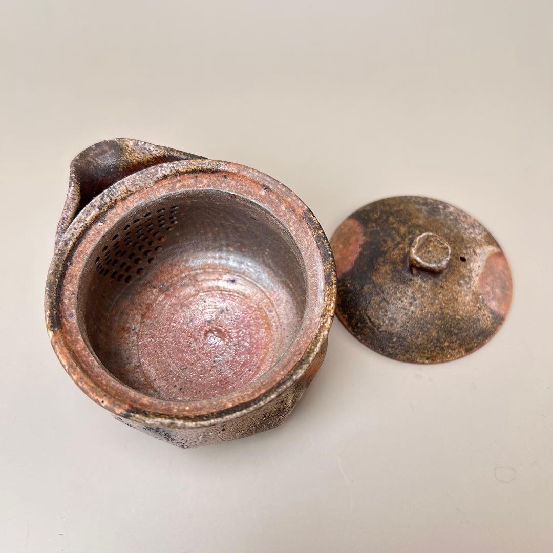 B柴岡信義 備前市無形文化財 備前焼 窯変 共箱 共布 栞 面取 宝瓶 茶器