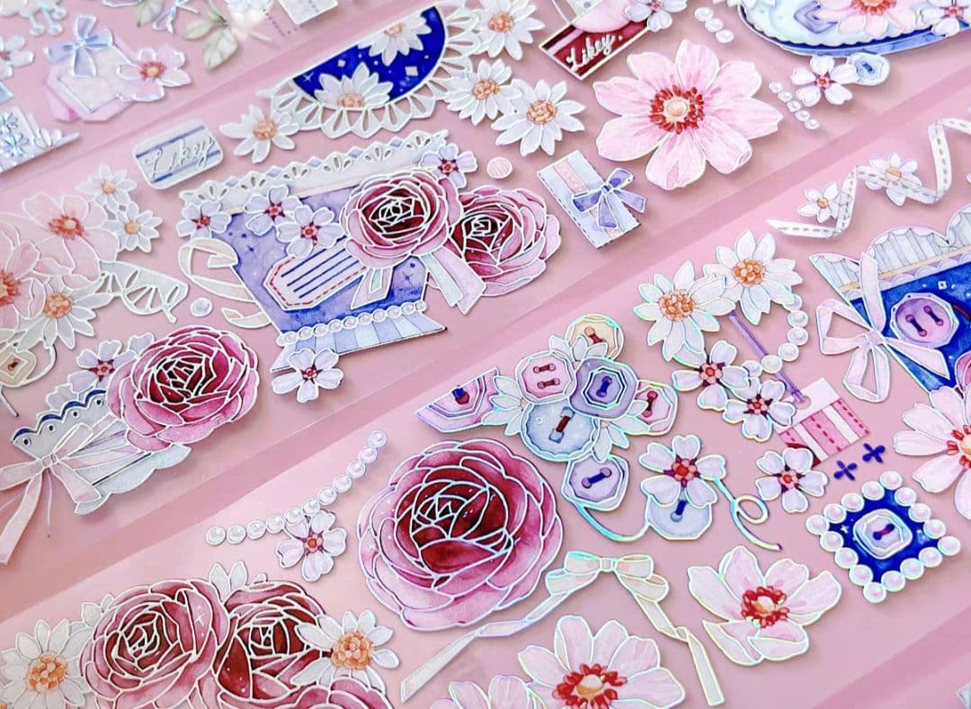 巻売 483★ 海外 マスキングテープ マステ PET 装飾 花 薔薇 銀ホロ