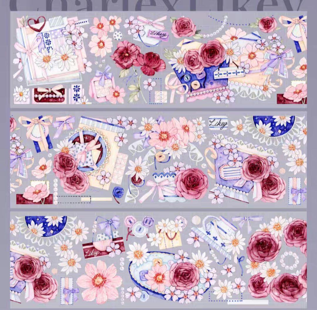 巻売 483★ 海外 マスキングテープ マステ PET 装飾 花 薔薇 銀ホロ