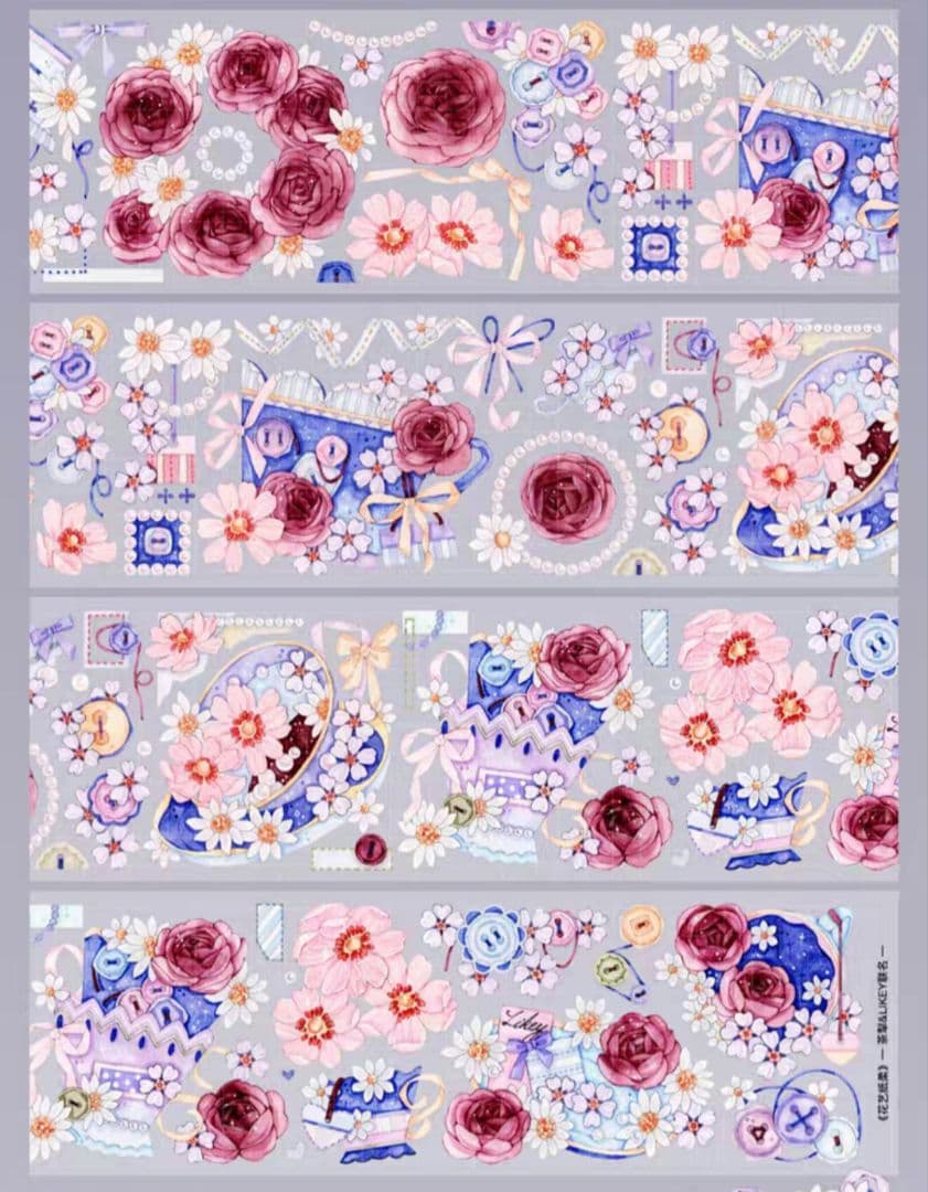 巻売 483★ 海外 マスキングテープ マステ PET 装飾 花 薔薇 銀ホロ