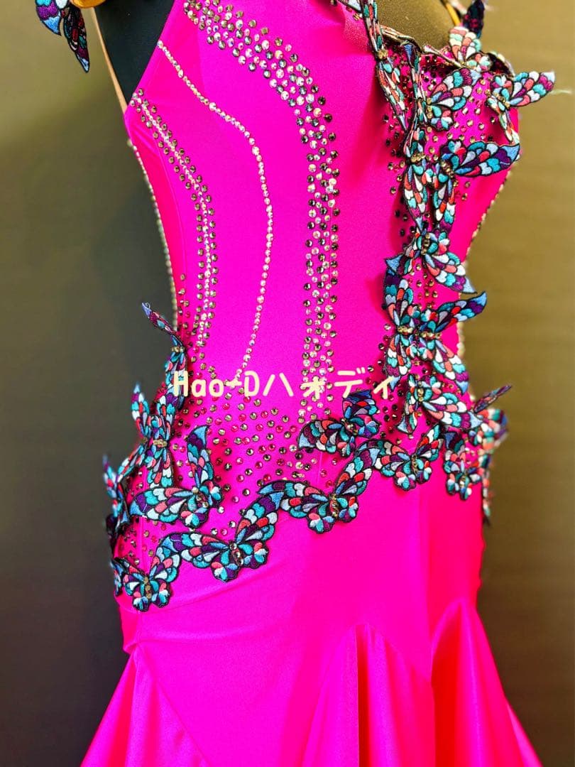 新品★ラテンドレス★リズム★蝶々★社交ダンス★ピンク★競技
