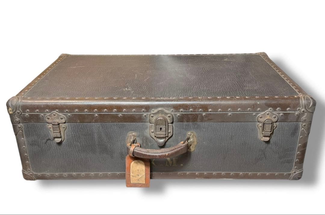 #アンティーク トランクケース 木製 革風素材 ヴィンテージ収納箱