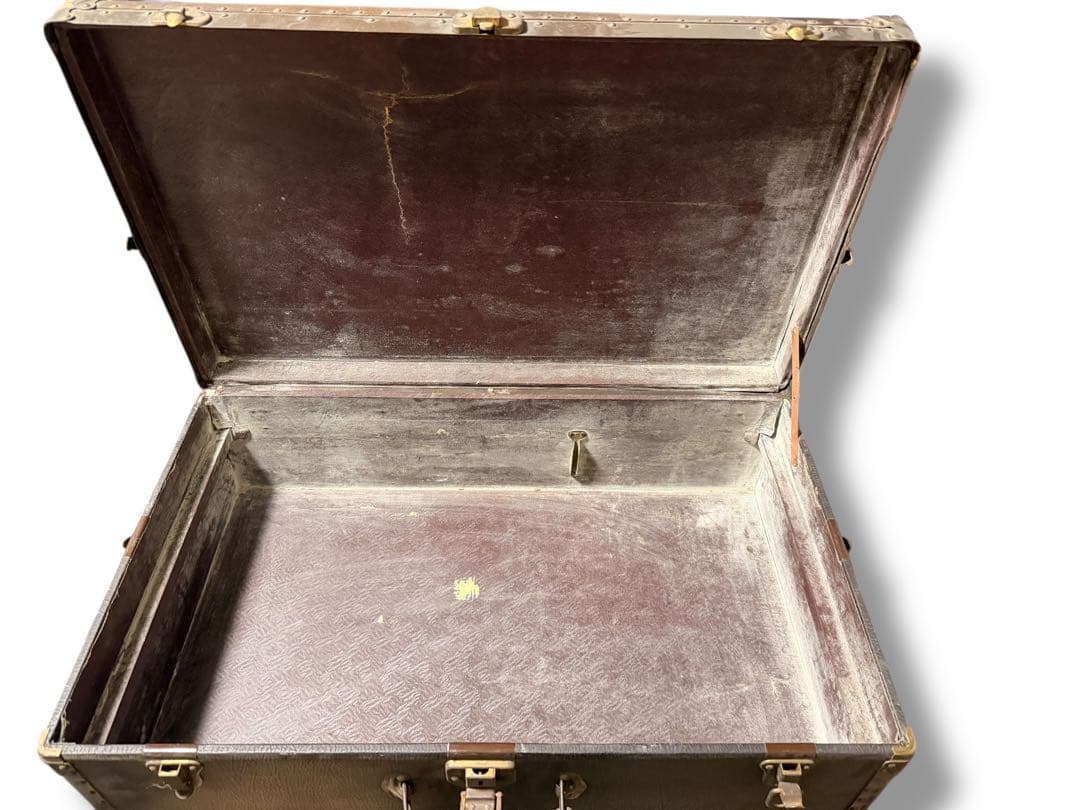 #アンティーク トランクケース 木製 革風素材 ヴィンテージ収納箱