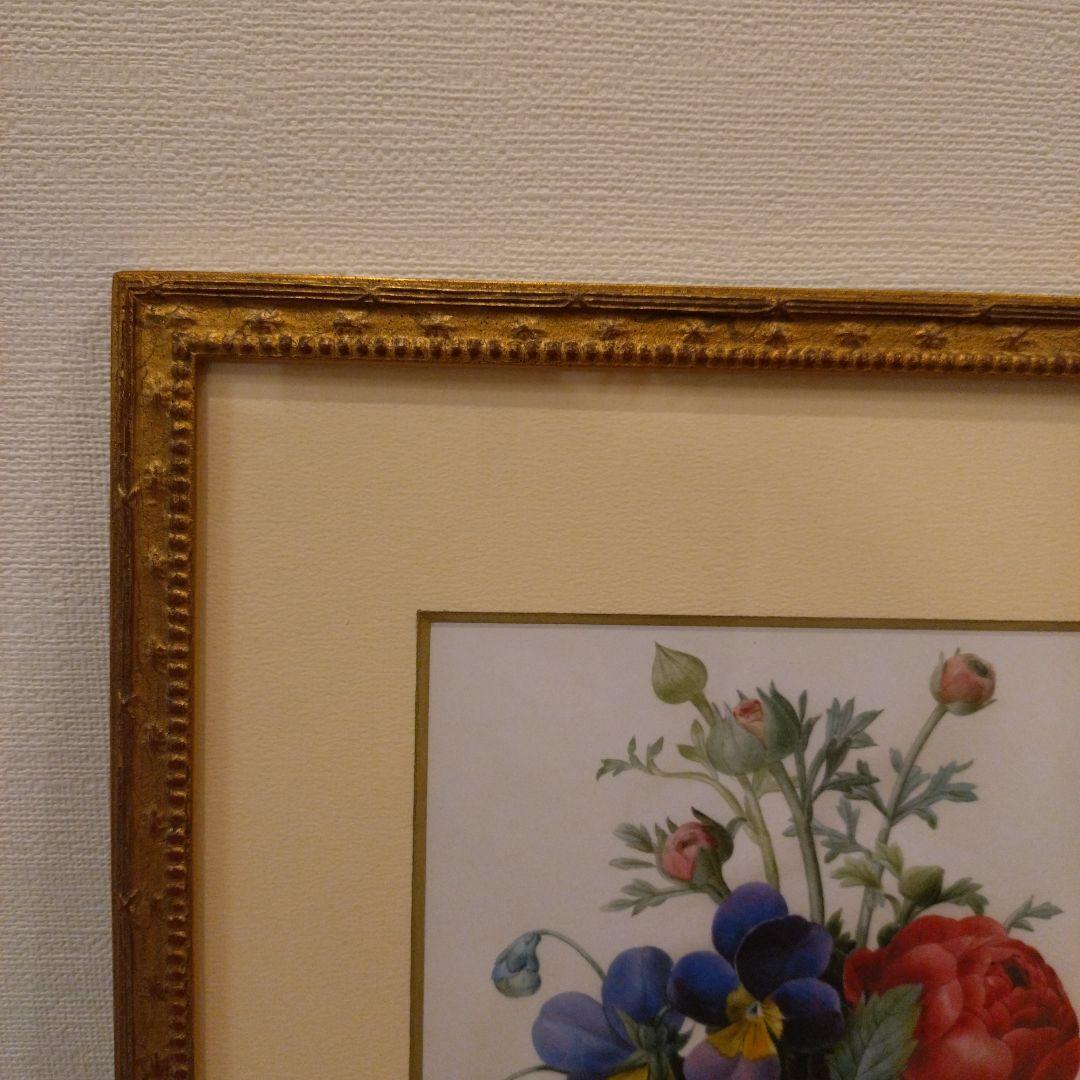 P.J.Redouté 複製画「赤のラナンキュラス、紫と黄色のパンジーの花束」