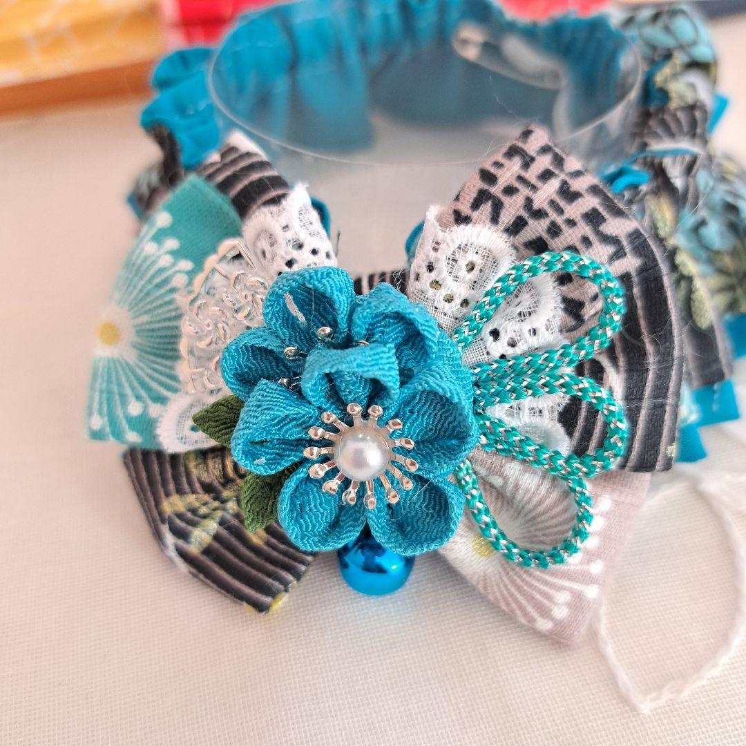 短毛シュシュ和風つまみ細工(黒×エメラルド)わんちゃん猫ちゃん用