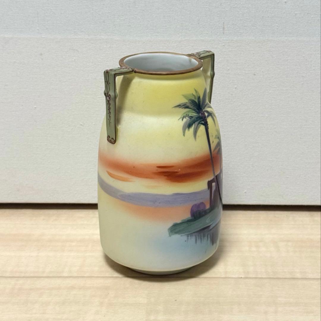 【極希少】オールドノリタケ ヤシの木風景文 両耳花瓶 M-NIPPON印 盛上げ
