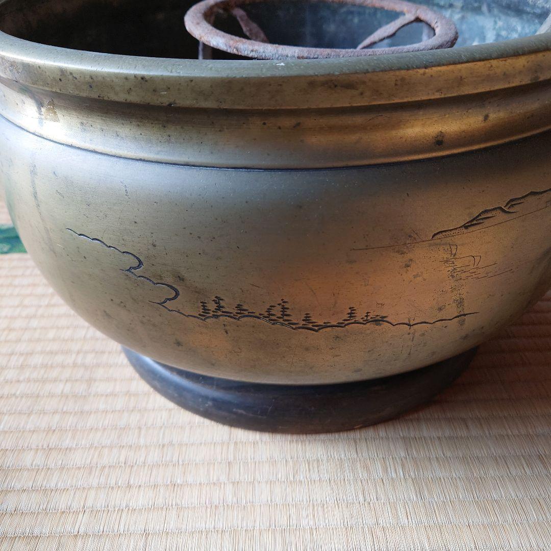 金属真鍮製 火鉢 山水画の装飾