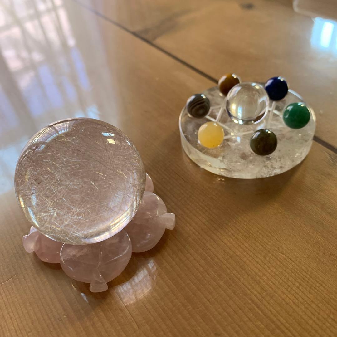 天然パワーストーン　プラチナルチル丸玉と六芒星水晶のセット