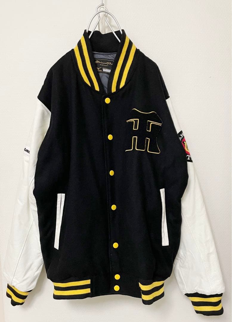 美品 阪神タイガース/ミズノプロ 袖レザーxウール　スタジャン　size L