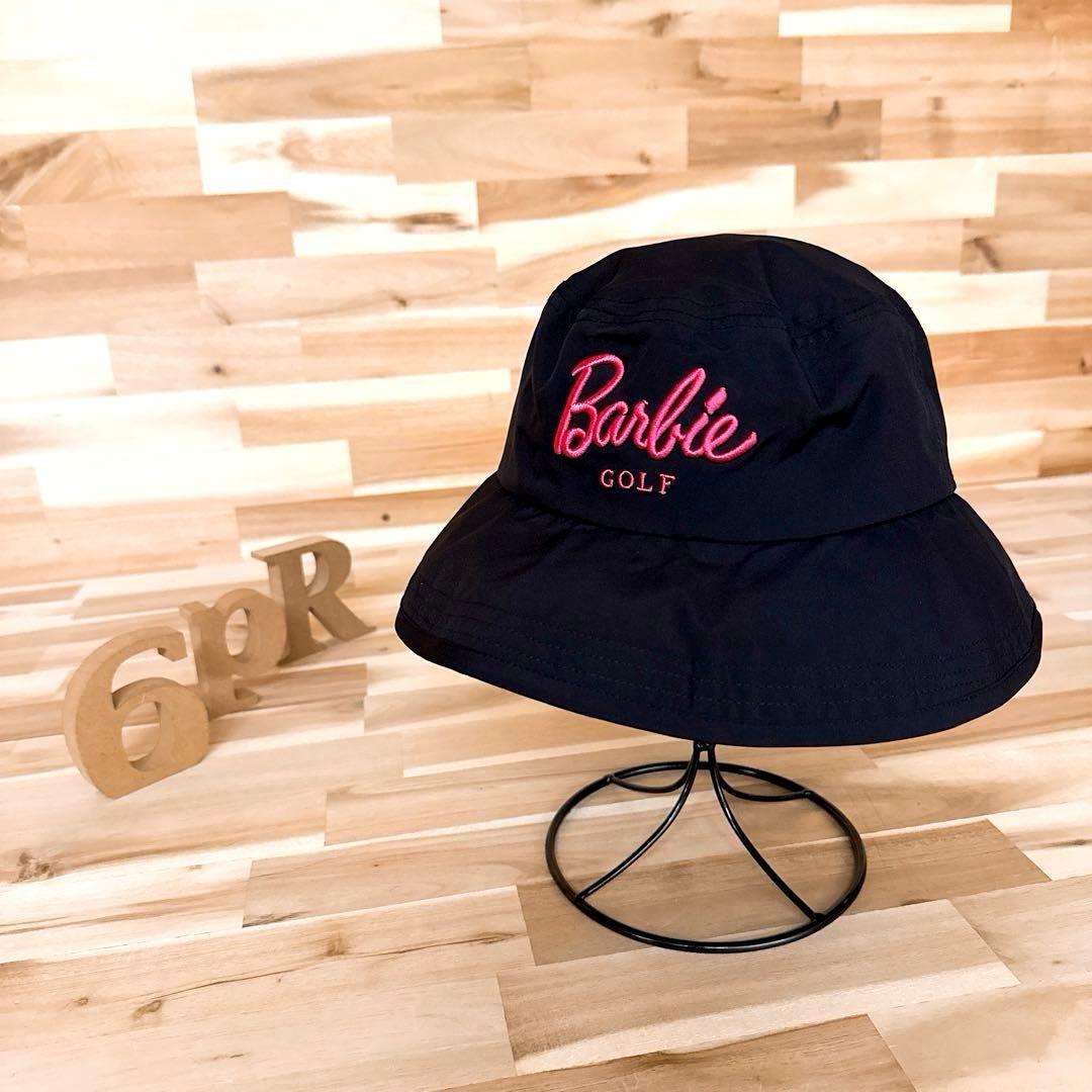 美品【パーリーゲイツ×バービー】限定コラボ 刺繍 ゴルフ ハット S 黒×ピンク