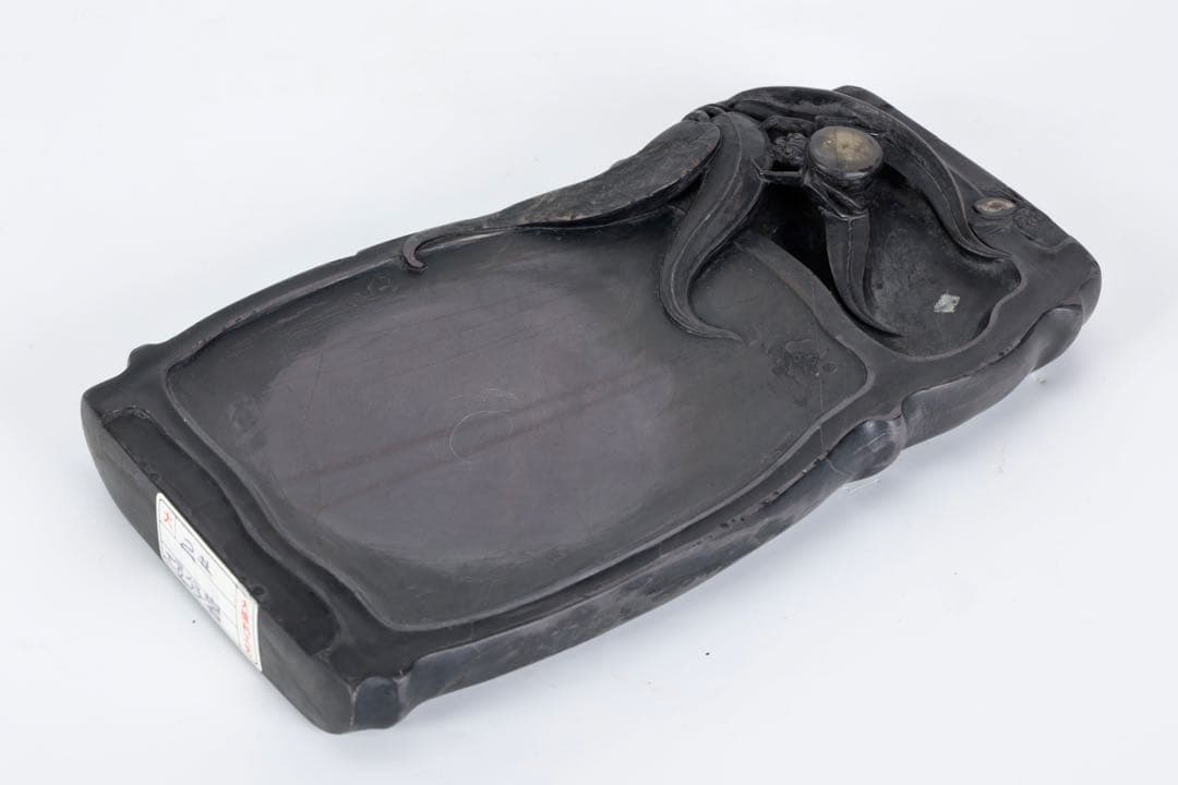 時代物 端渓硯 坑仔岩 蜘蛛紋竹形硯 唐木箱付 書道具 文房四宝 古美術 骨董品