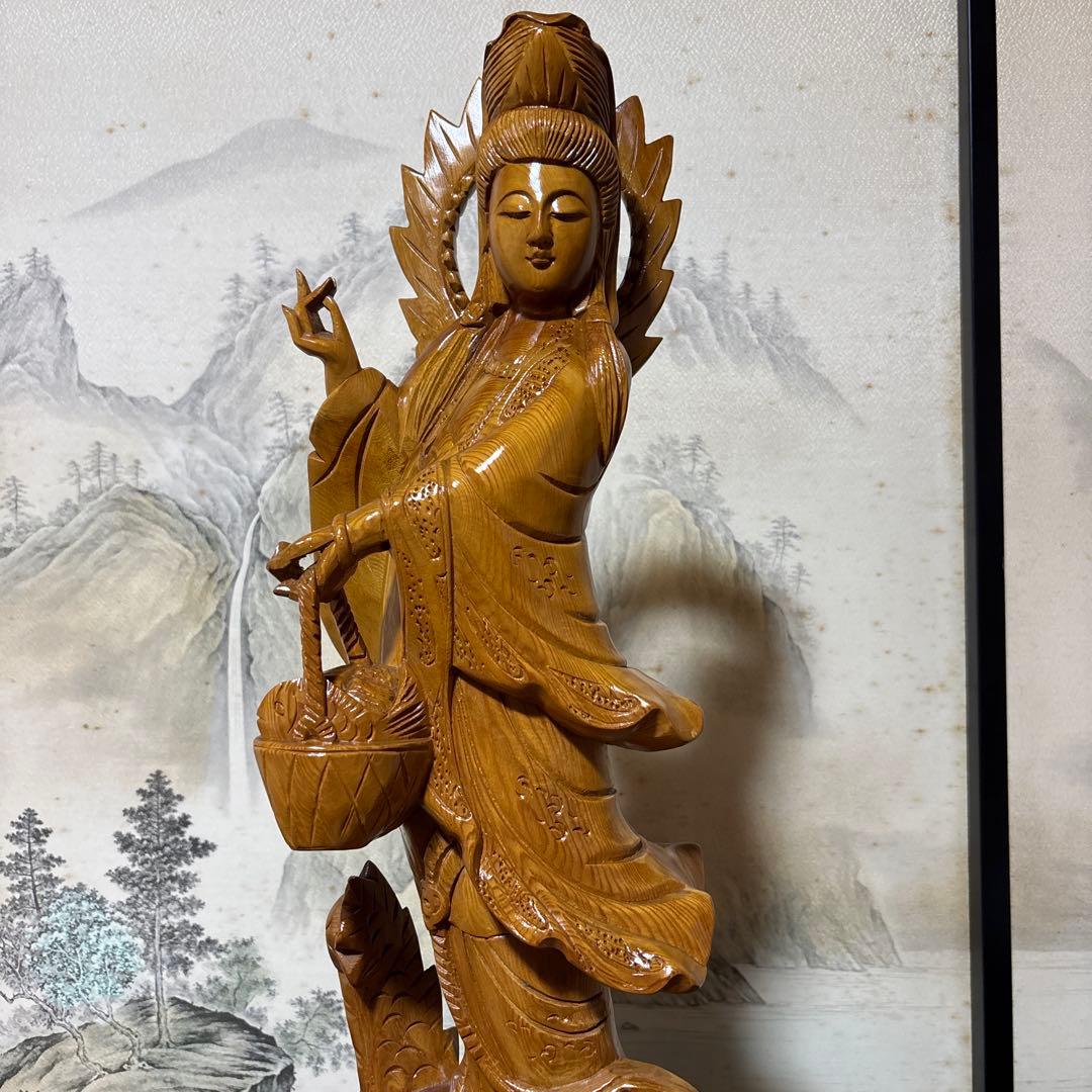 大型 龍乗り　観音菩薩 木彫　仏像 彫刻　開運　風水　置物　縁起物　インテリア