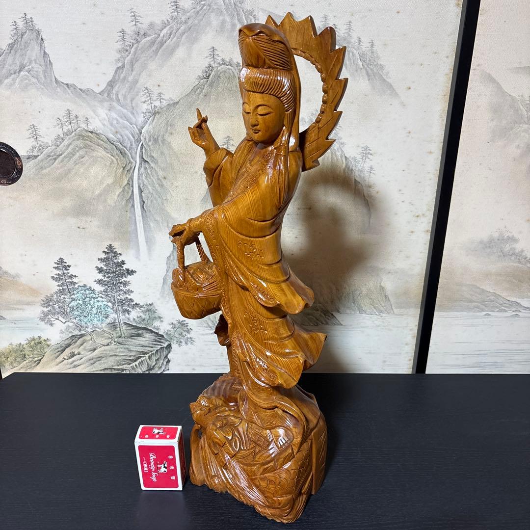 大型 龍乗り　観音菩薩 木彫　仏像 彫刻　開運　風水　置物　縁起物　インテリア