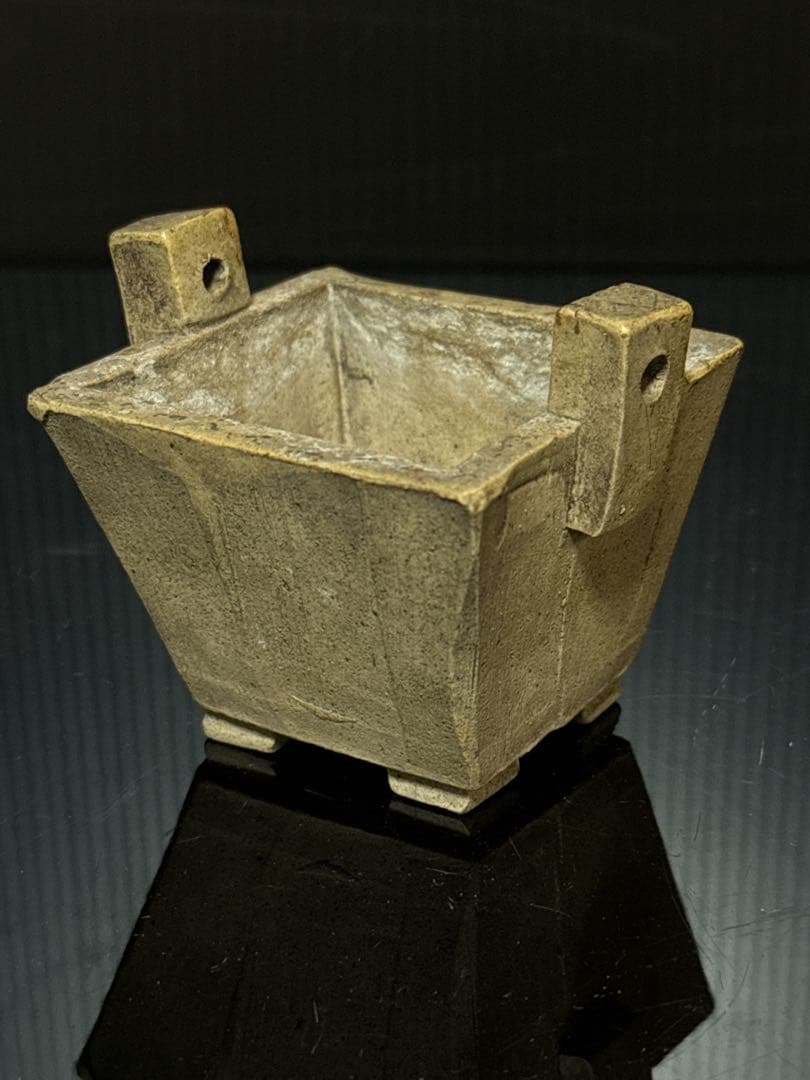 珍品 平安 名人 東福寺 在銘 白泥 耳付箆目四方型 香炉 盆栽鉢 水盤 初期