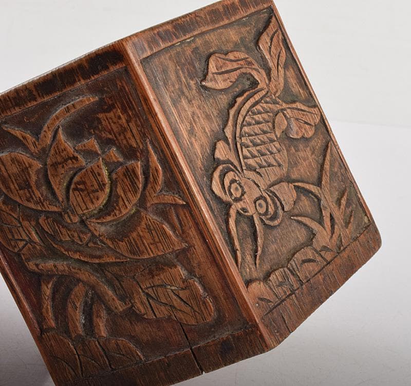 中国　書道具　古竹　花彫　筆筒　M　R4936