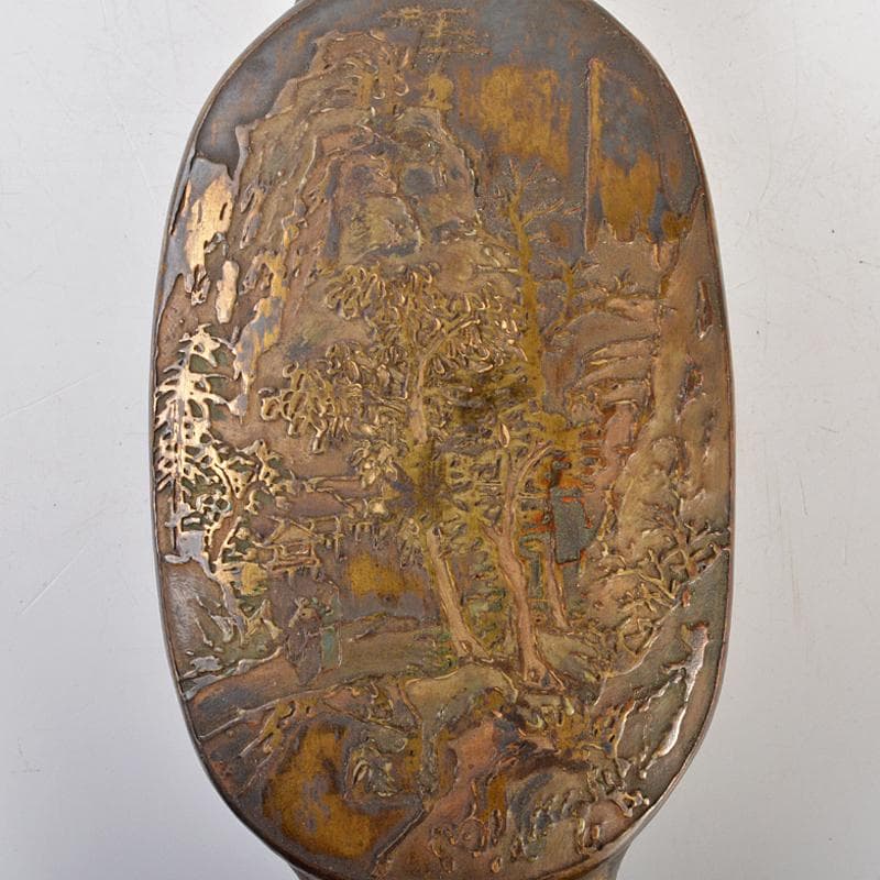 中国　古銅　山水人物文刻　如意　U　R6753