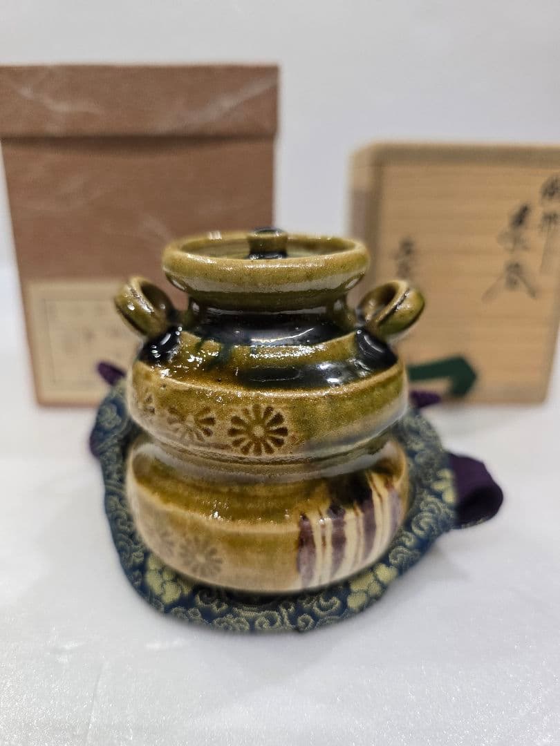 MT688　織部　茶器　長谷川青峯作　 茶道　茶道具　茶の湯　美濃焼　耳付