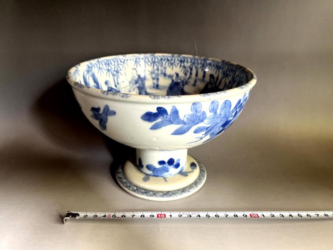 杯洗■古伊万里染付人物絵盃洗 江戸時代後期 竹 鳥 酒器 古美術 時代物 骨董■