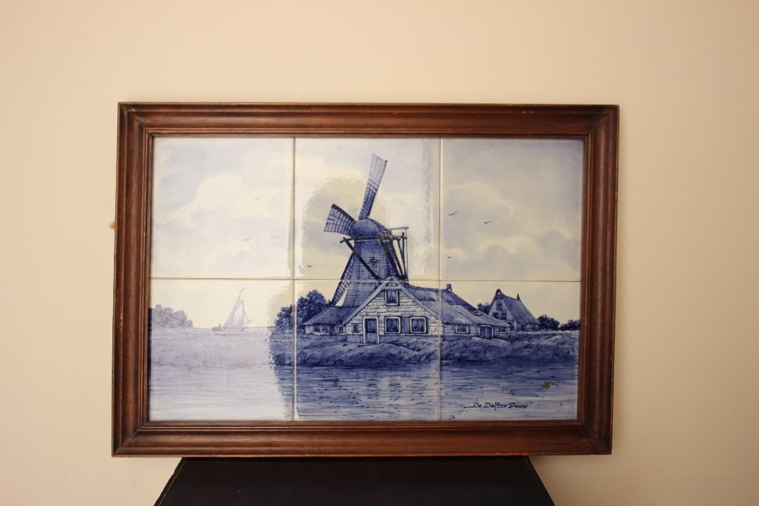 オランダ　デルフト　タイル画　タイルタブロー　額飾り　風車　船