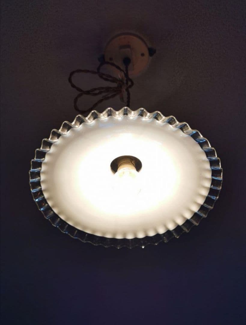 アンティーク フランス 透明＆ミルクガラスフリル シーリングランプ＆レースセット