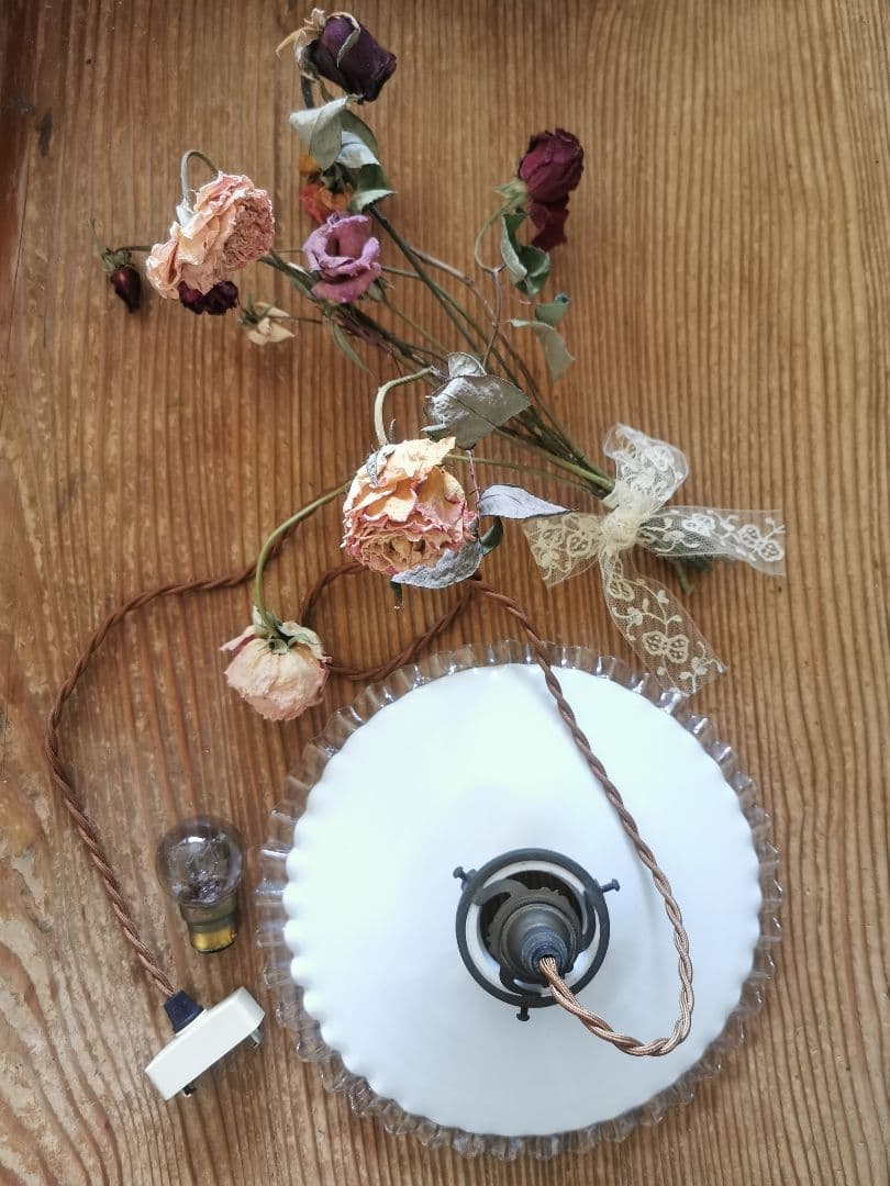 アンティーク フランス 透明＆ミルクガラスフリル シーリングランプ＆レースセット