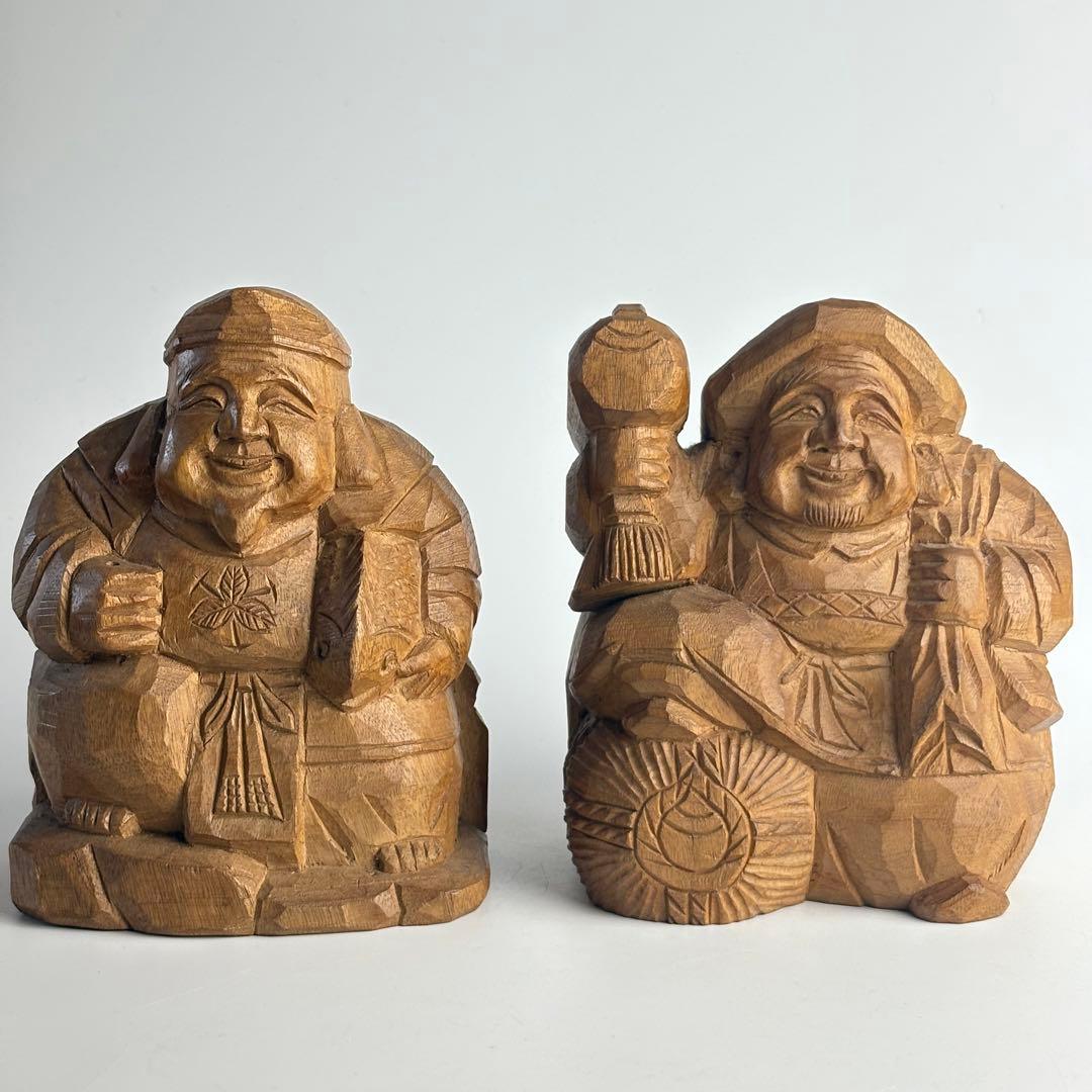 木彫 大黒天 恵比寿 骨董 象信 在銘 木彫り