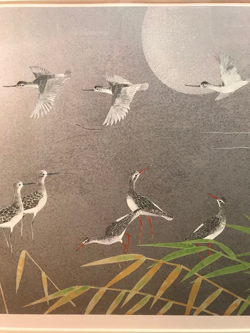 上村淳之「水辺の鳥・秋」シルクスクリーン　直筆サイン・落款・エディション有り